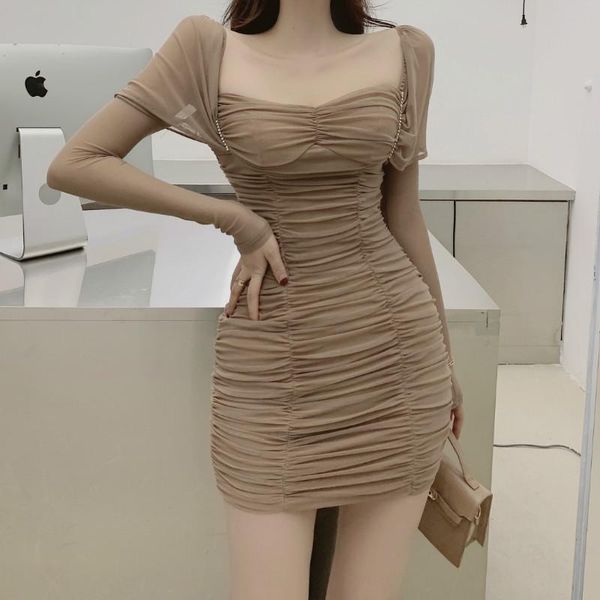 

casual dresses coigarsam patchwork women mini dress spring full sleeve pleated mesh square collar 8019, Black;gray