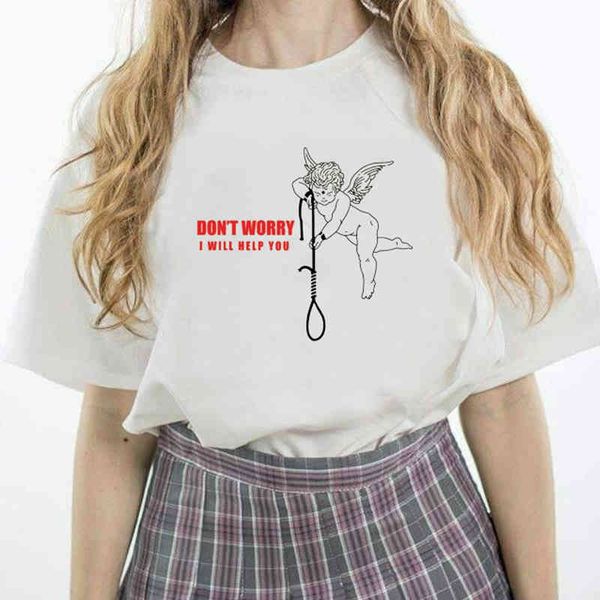 

summer fashion women tee angel don't worry aesthetic print vintage oversize t shirt cotton female short sleeve funny clothes 210518, White