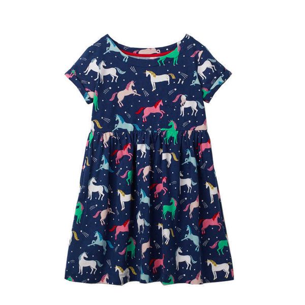 Metri di salto Ragazze Abiti da principessa Unicorni Stampa Cotone Abbigliamento per bambini Animali Vestito da festa Estate Bambini Tunica Frocks 210529