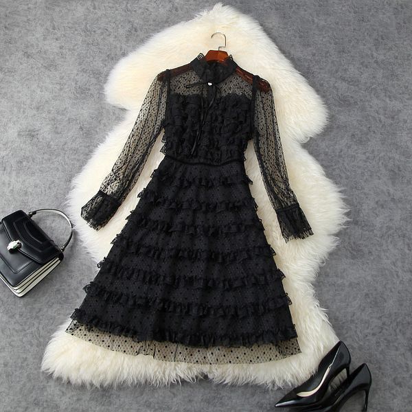 

dresses european and american women's clothes will be styles in spring 2021 long sleeve collar black dress with fashionable lace jofd, Black;gray