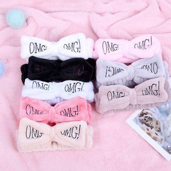 

towel women girls spa wide headband cute bowknot omg letters embroidered hairband elastic makeup flannel turban candy color headwrap 8