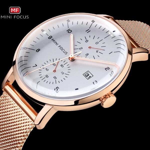 

wristwatches minifocus classic quartz watch men rose golden ultra thin mesh strap waterproof calendar business relogio masculino, Slivery;brown