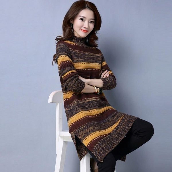 

women's sweaters red green yellow sweater striped elegant turtleneck long pullovers female high neck knitted dress women clothes fashio, White;black