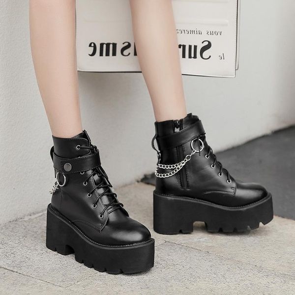

boots women's lace up belt buckle metal chain side zipper thick bottom heel slope high, Black