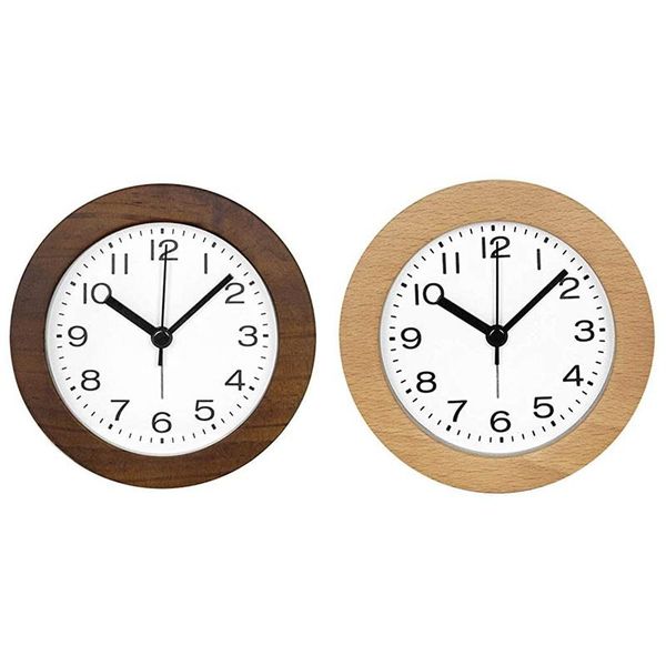

other clocks & accessories 2 pcs 4 inch small retro analog wooden alarm clock with night light, battery operated silent brown wood color