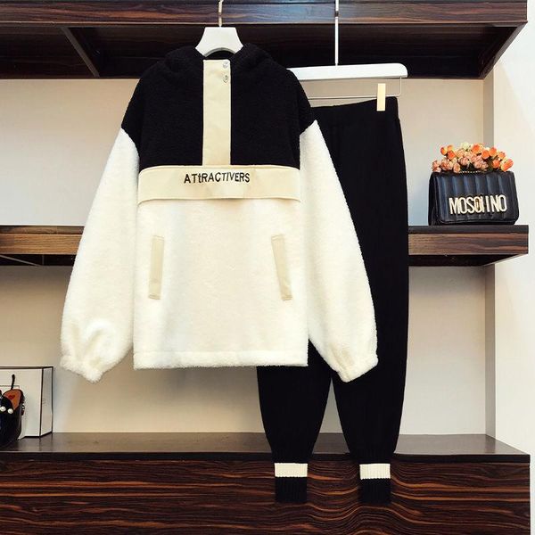 

women's two piece pants plus size 100kg fat sister winter suit female age reduction hooded sweater loose casual two-piece, White