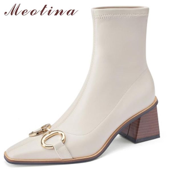 

boots meotina women shoes ankle thick high heel fashion square toe metal decoration ladies autumn winter beige 43, Black