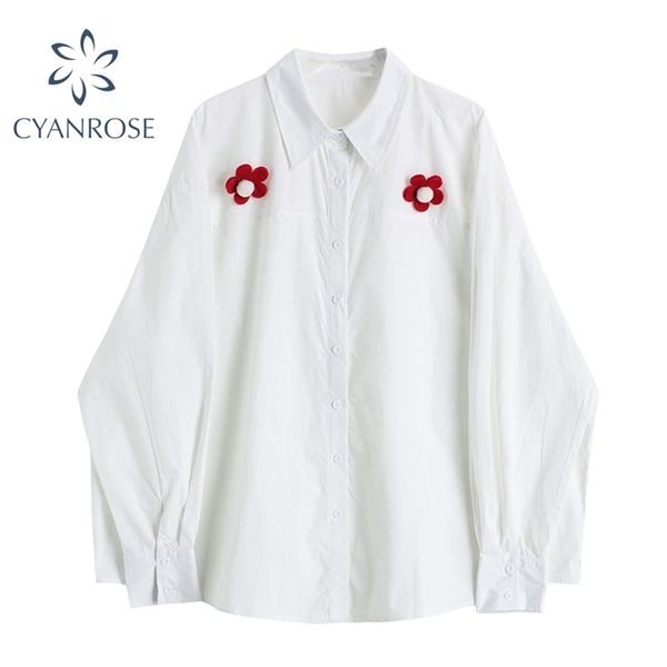 

white cardigan women's blouses 3d print flower spliced loose sweet shirts female long sleeve fashion streetwear ins blusas 210430
