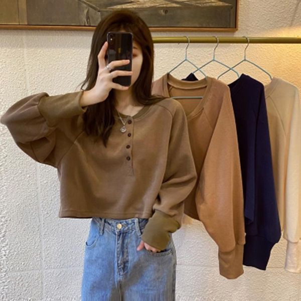 

women's hoodies & sweatshirts 2021 autumn winter versatile short long sleeve hoodie loose and thin round neck half-open top, Black