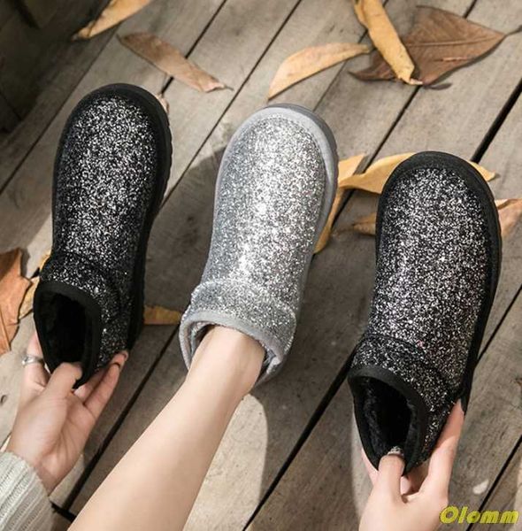 

boots snow woman shoe 2021 winter women ankle boot fashion plus size flat booties sequin ladies cotton shoes botas feminina, Black