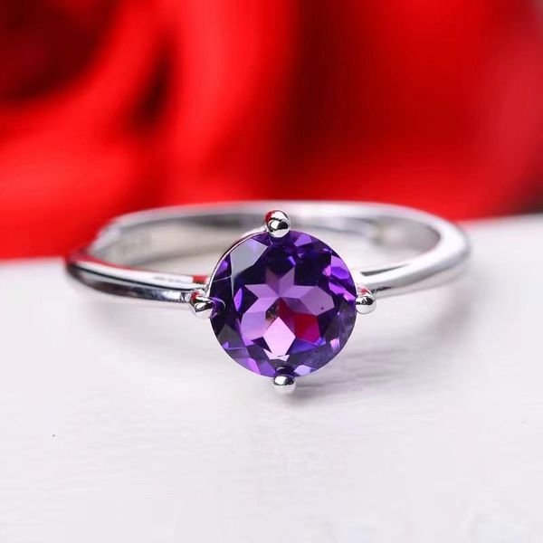

cluster rings leechee natrual amethyst ring simple style 7mm purple gemstone fine jewelry for women daily wear real 925 solid sterling silve, Golden;silver