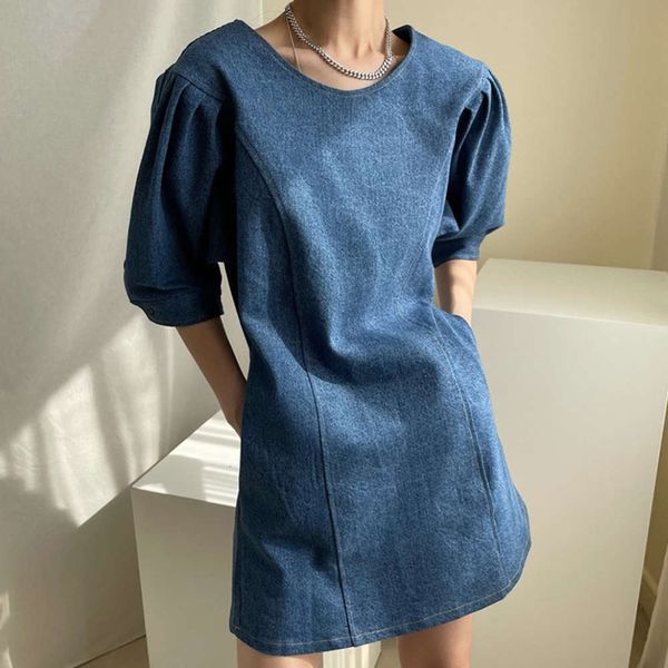 

casual dresses dress women clothessummer french crew neck open line design loose and versatile bubble sleeve denim guye, Black;gray