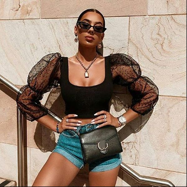 

lace see through women blouses sheer mesh polka dot puff long sleeve o neck crop blouse slim wear, White