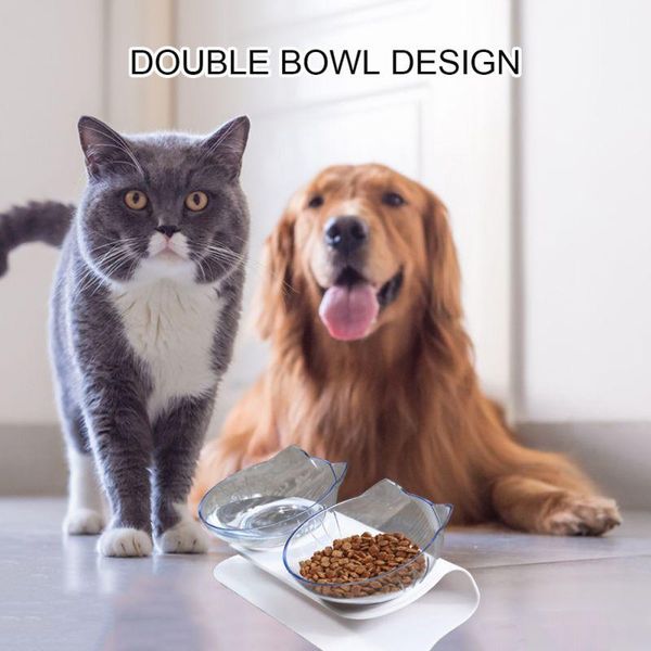 

pet cat double bowl feeder raised non-slip water feeders bowls with stand no spill reduce pets neck pain cats dogs prop &
