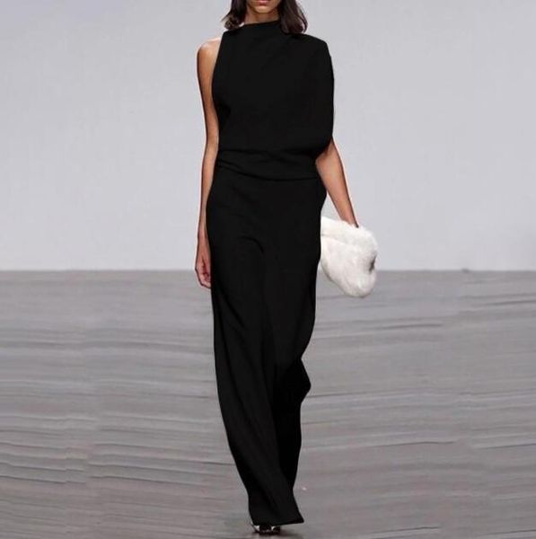 

women's jumpsuits & rompers 2021 one shoulder summer sleeveless wide leg pants elegant lady casual white black, Black;white