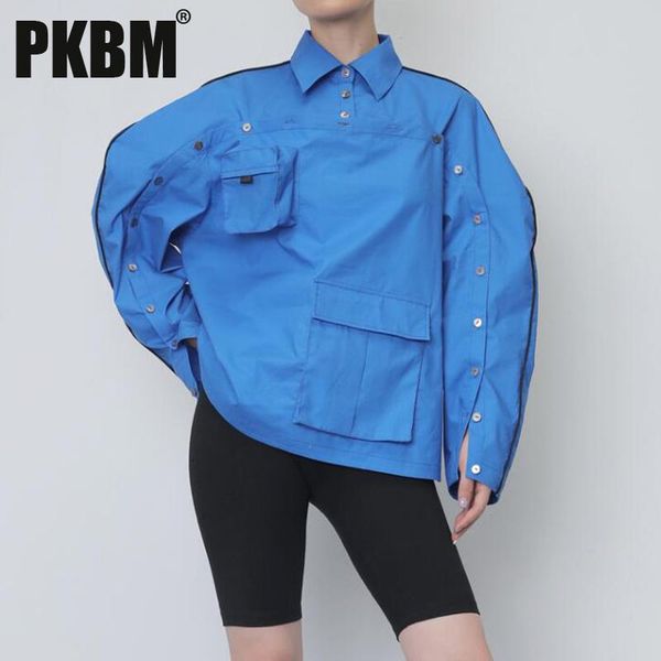 

women's blouses & shirts pkbm women blue button pocket sititch big size blouse lapel long sleeve loose fit shirt fashion spring autumn, White