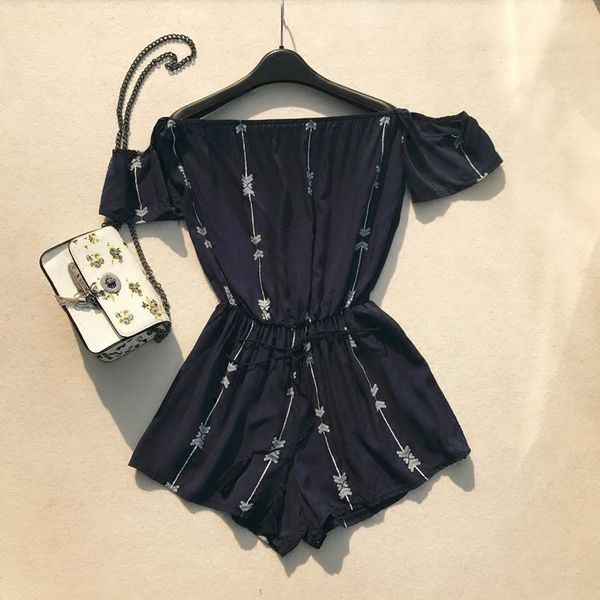 

women's jumpsuits & rompers playsuits off shoulder high waist lace up embroidery loose floral office lady, Black;white