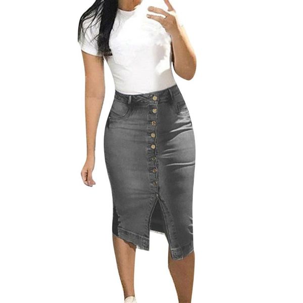 

skirts women's denim skirt summer button design split front open clothing female jupe femme womens faldas 2021, Black