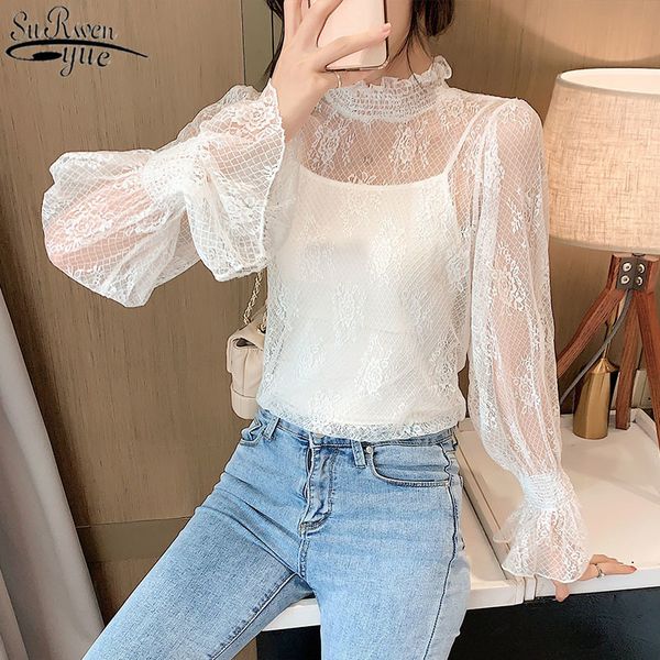 

summer shirt long sleeve lace stand-collar mesh hollow see through with sling petal 13401 210417, White