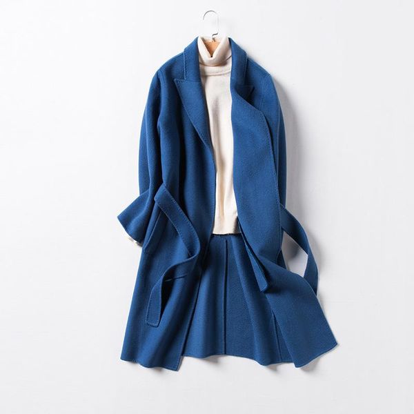 

women's wool & blends autumn woman's winter coat solid adjustable waist lapel blue long female elegant woolen open front parka bel, Black