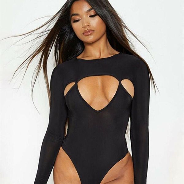 

women's jumpsuits & rompers 2021 women hollowing long sleeve bodysuit beach style stretch leotard romper jumpsuit, Black;white