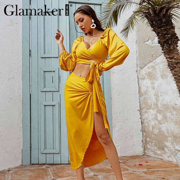 Glamaker Two Parte Suits Ruffles Bandge Top e Alta Split Sexy Saias Mulheres Primavera Verão Amarelo Conjuntos Vestido Novo 210412