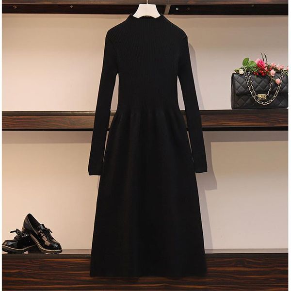 

casual dresses 2021 o-neck women winter warm sweater dress loose long sleeve knitted ladies elegant party vestidos, Black;gray