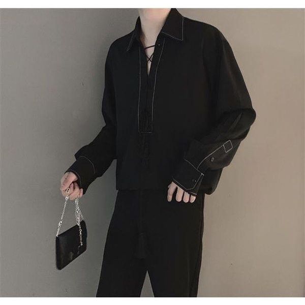 

men's casual shirts korean dark goth shirt hong kong style open line flow ear tie rope pullover trendy aesthetic elegant women street b, White;black