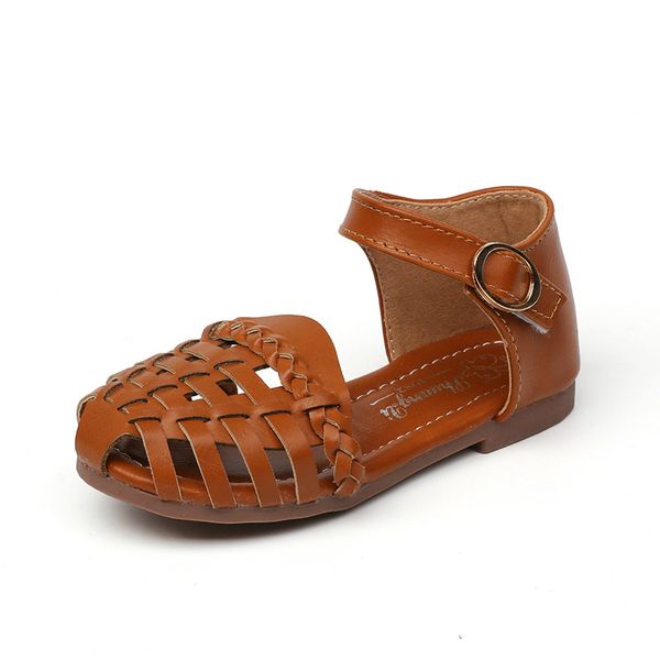 

2021 new exclusive design baby girls summer leather sandals girls beach shoes for covered toes woven style princess soft, Black;grey