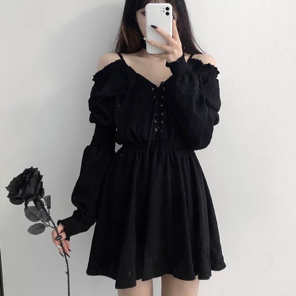 

jmprs - women's gothic large miniskirt, black off shoulder high waist long sve party drs, v-neck, Black;gray