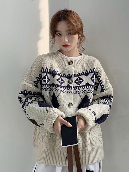 

women's sweaters retro jacquard knit cardigan lazy sweater autumn and winter wear korean style loose jacket, White;black