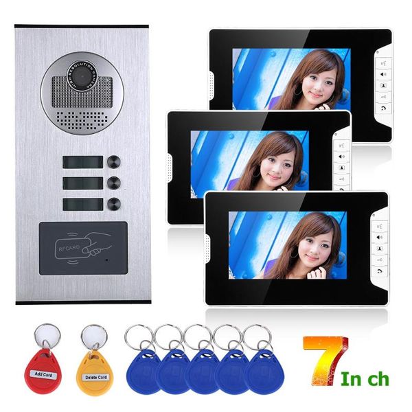 

7inch 3 apartment/family video door phone intercom system rfid ir-cut hd 1000tvl camera doorbell with button phones