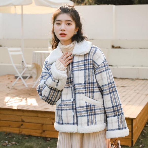 

women's wool & blends fall/winter 2021 plaid woolen coat female korean version loose lamb hair small short, Black