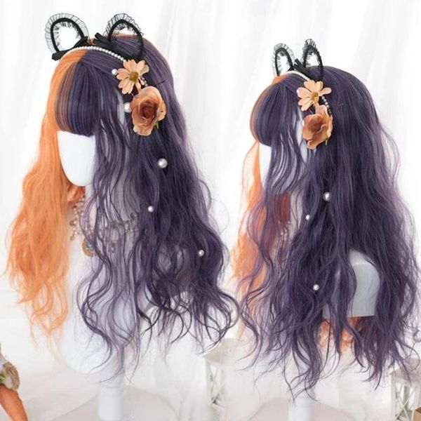 

synthetic wigs christmas cosplay wig long wave with bangs ombre purple orange hair for woman heat resistant fiber natural, Black