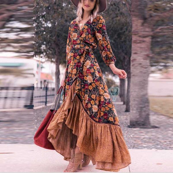 

casual dresses dress autumn long sleeve printed women's v-neck versatile patchwork robe retro elegant female clothing, Black;gray