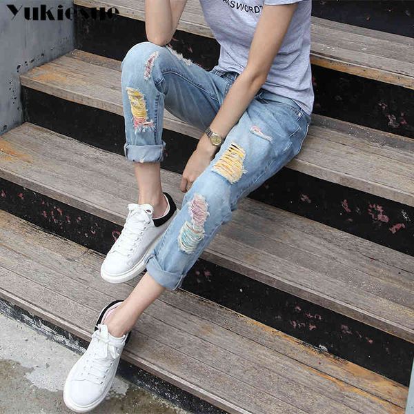 

high waist women jeans fashion blue ripped feminina ankle-length boyfriend loose pantalon femme 210518