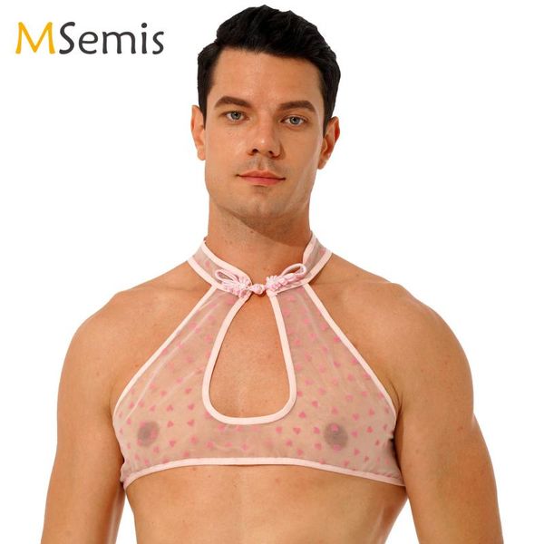 

bras sets men hearts printed crop sissy see-through underwear vest traditional frog button tanks sleeveless summer male, Red;black
