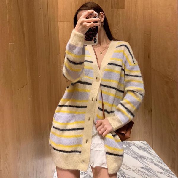 

women's knitted striped seam mohair wind in the cardigan sweater, White;black