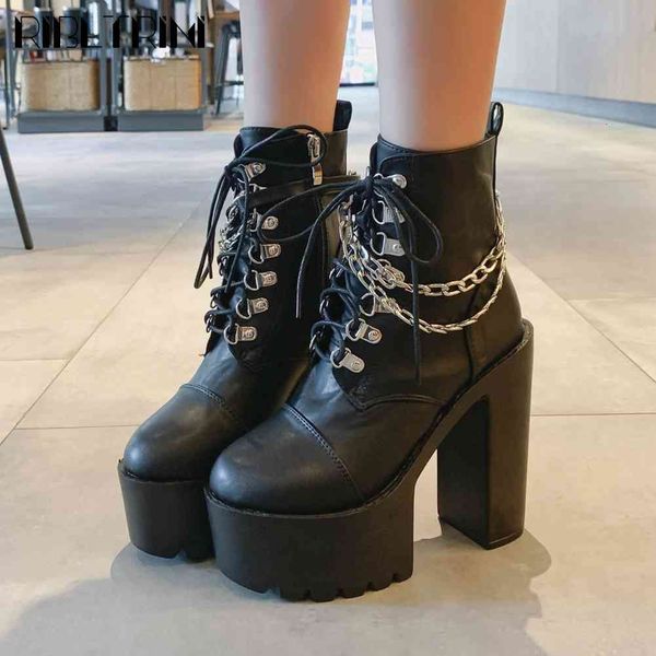 

boots female block heel brand shoes fashion punk platform metal chain ankle women designer boots, Black