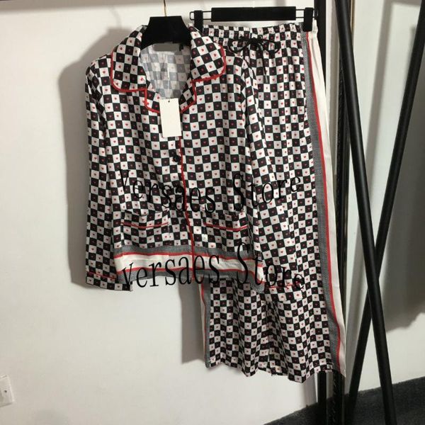 

women's two piece pants luxury design full of love printing fashion suit contrast check lapel long sleeve shirt + high waist and wide l, White