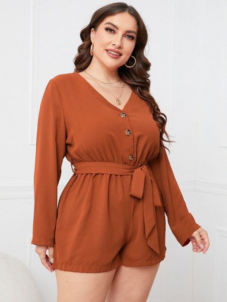 

plus button front belted romper w0pt#, Black
