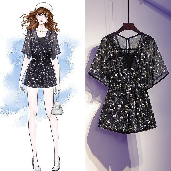 

women's shorts female floral bohemian playsuit will see beach 2 piece korean clothes with low-necked v chiffon + income tank 5xl big si, White;black