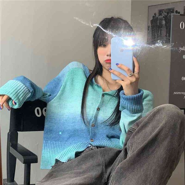 

sweater o neck long sleeve tie-dye cardigan jacket women thin casual retro contrast jumpers pull femme loose street fashion 210429, White