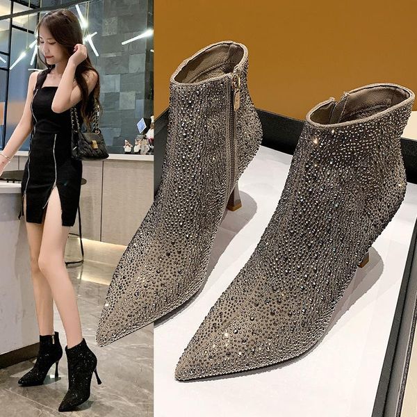 

dress shoes short boots female autumn winter style europe and the united states wind stiletto high heels pointed with fashion, Black