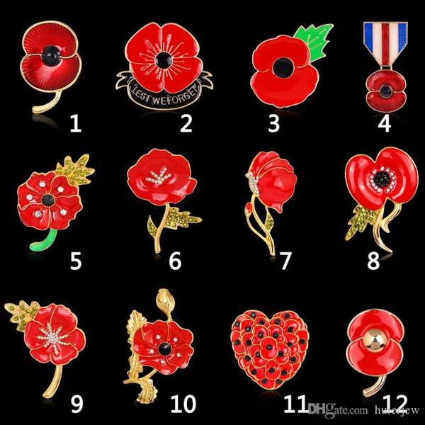 

genuine brooch for women 12pcs/lot wholesale red crystal rhinestone poppy brooches pins uk remembrance day christmas brooches, Gray