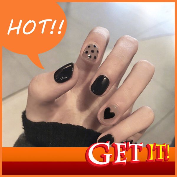 

hand diy nail decorated stylist nina pd-35 wave point black heart fake nail piece wear finished 24 patches, Red;gold