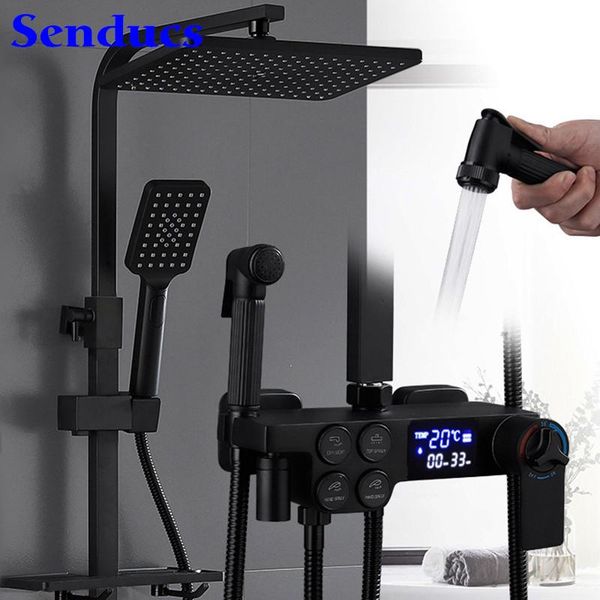 

matte black thermostatic shower set faucets copper bathroom system rainfall head digital mixer sets