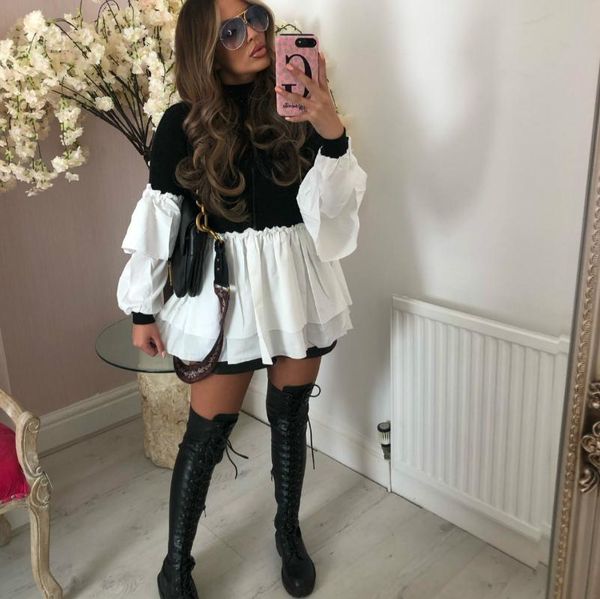 

women's blouses & shirts women turtleneck knit blouse elegant fashion long sleeve ruffle trim patchwork pullover autumn chic lady 2021, White