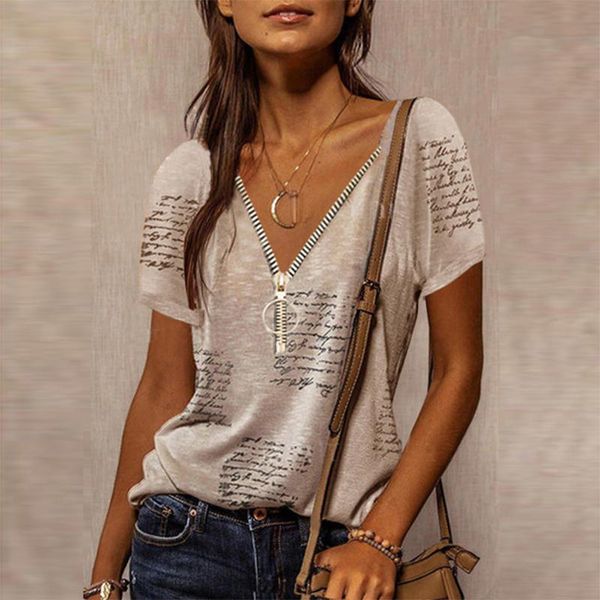 

women's t-shirt summer women t shirt zipper v-neck short sleeve casual ladies t-shirts letter print loose female clothing 2021 streetw, White
