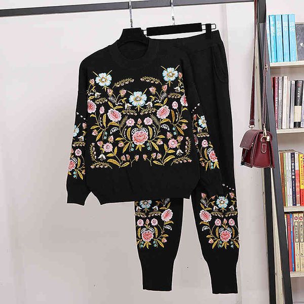 

women's two piece pants autumn embroidered flowers mesh sweaters women's clothing casual loose sweater pencil pants two ensemble h, White